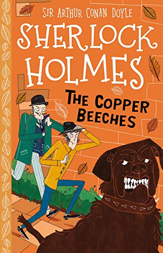 Book cover illustration of Sherlock Holmes and Watson running from a snarling brown dog.