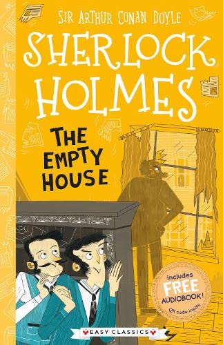 Book cover for Sherlock Holmes: The Empty House with cartoon characters on yellow background.