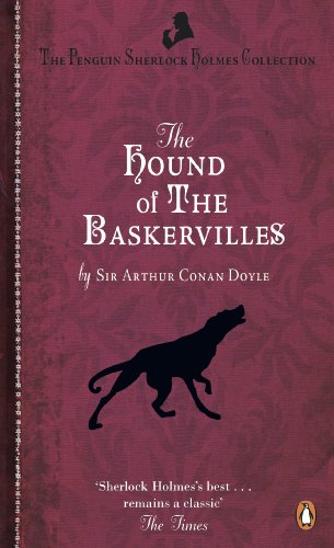 Book cover: "The Hound of the Baskervilles" with a silhouette of a dog.