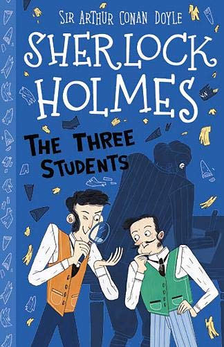 Book cover for The Three Students featuring illustrated Sherlock Holmes and Watson on blue.