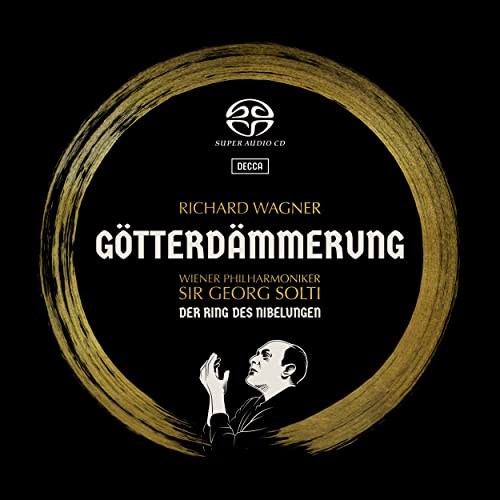 CD cover for Wagner’s Götterdämmerung, featuring Solti and a dramatic illustration.