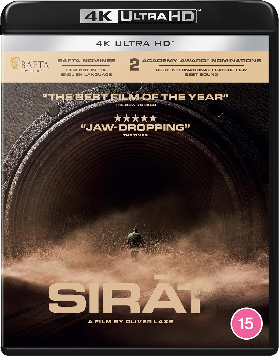 Blu-ray cover for “Sirât” depicting a figure in a dark, cavernous space.