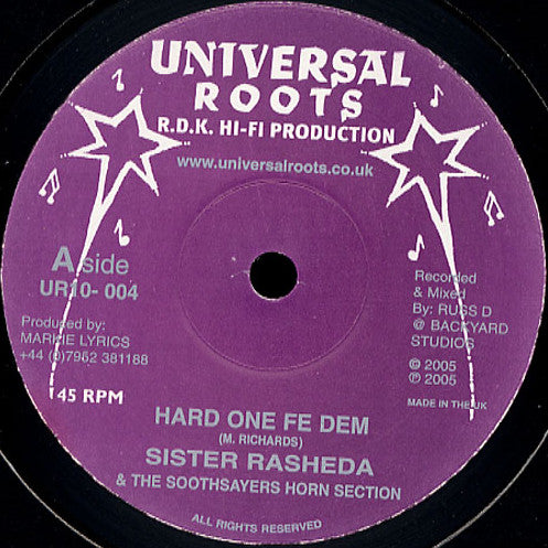 Purple vinyl record label with text: "Sister Rasheda - Hard One Fe Dem".
