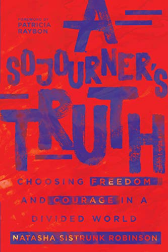 Book cover with bold blue text on a red background, “A Sojourner’s Truth.”