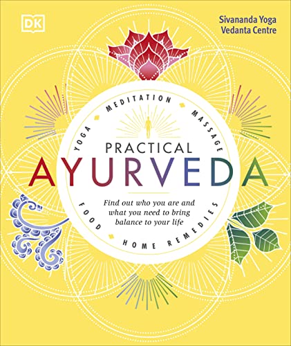 Book cover for “Practical Ayurveda” with a lotus flower and sunburst design.