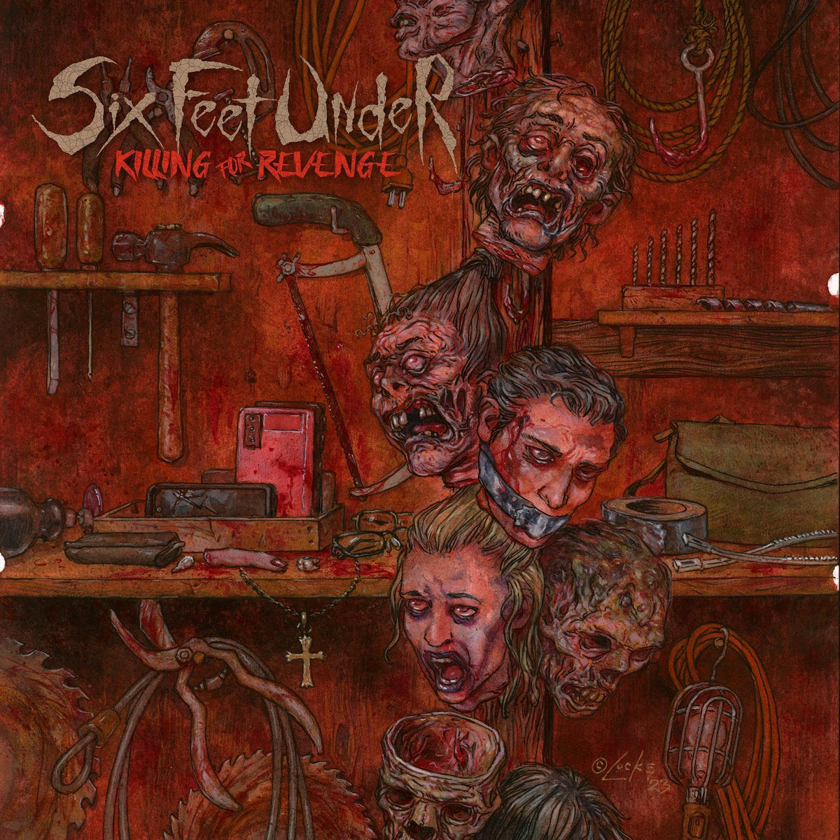 CD cover art: grotesque, illustrated scene of severed heads and torture devices.