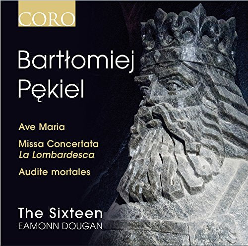 "CD cover with a stone statue of a bearded, crowned man on a black background."
