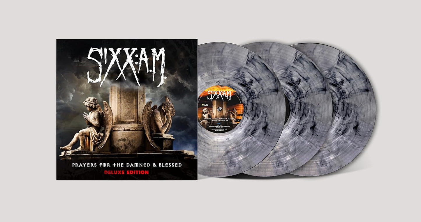 Sixx:A.M. album cover and two marbled grey vinyl records displayed.