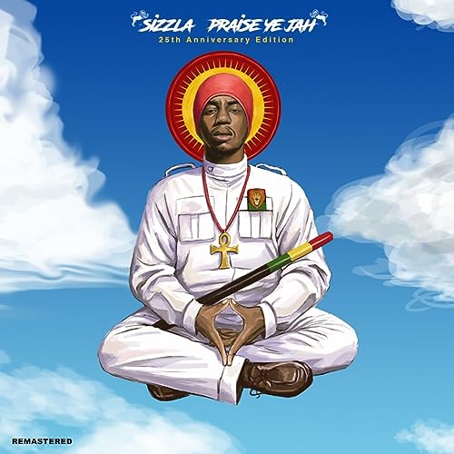 Sizzla sits in a meditative pose against a blue sky with white clouds.