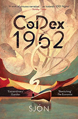Book cover for CoDex 1962 by Sjón showing a ship, abstract figures, and DNA strands.