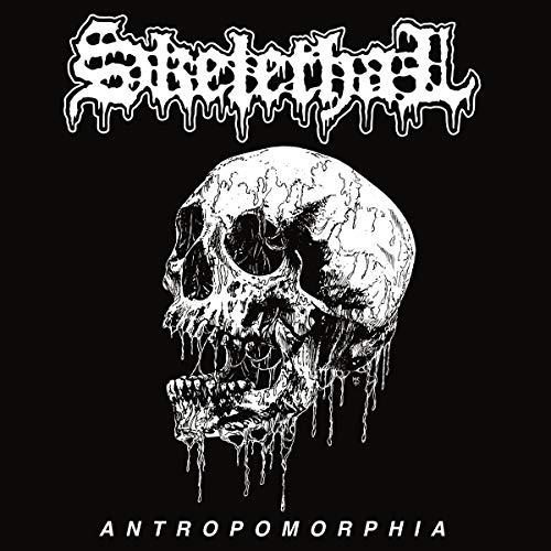 Black and white image of a decaying human skull with dripping details.