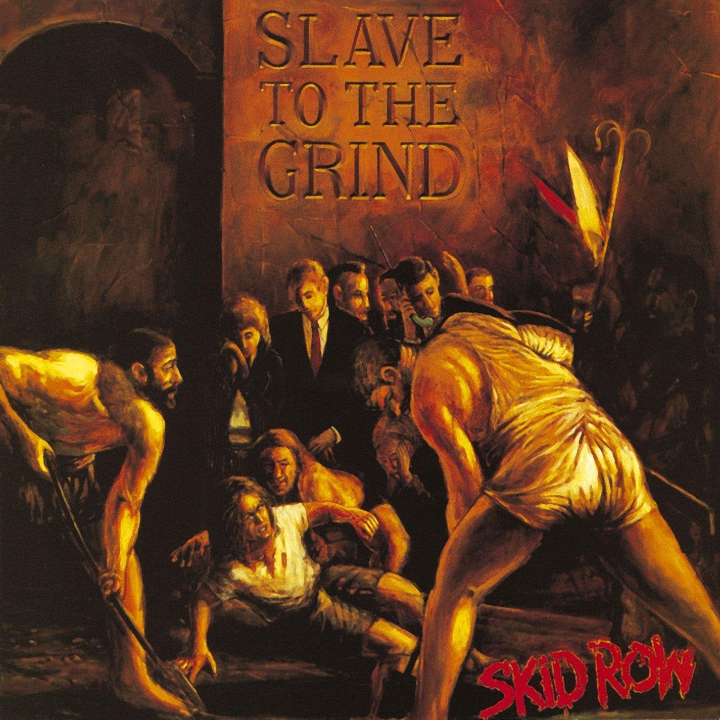 Skid Row’s “Slave to the Grind” album cover depicting chained figures.