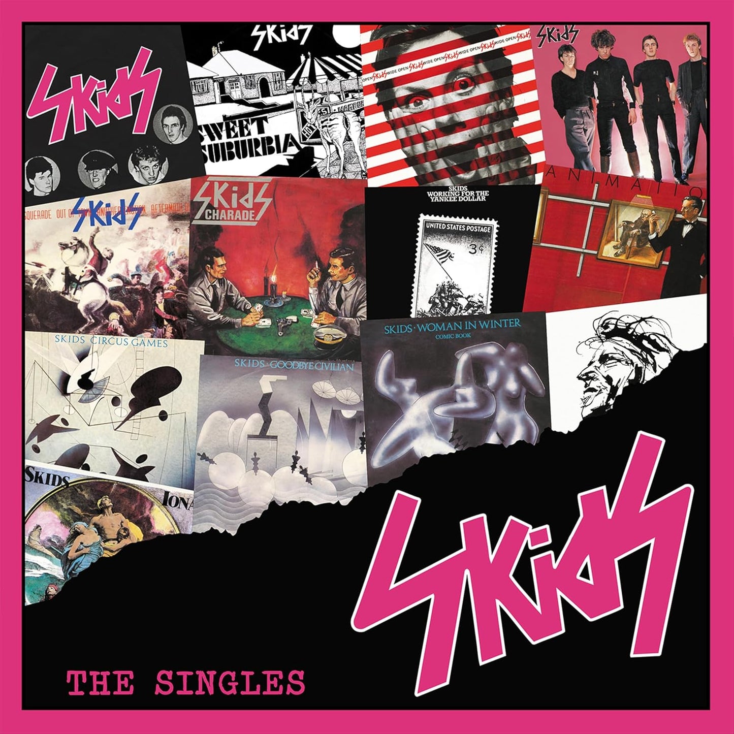 Collage of Skids single covers with a large pink logo on a black background.