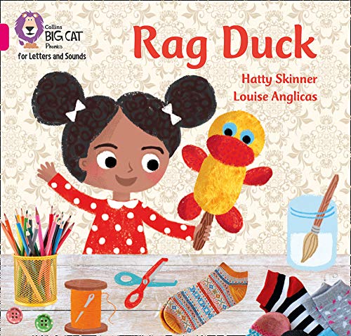 Book cover: girl with rag duck, sewing supplies, colorful illustration.