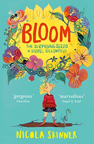 Book cover: girl with flower-shaped head amidst colorful floral illustration.
