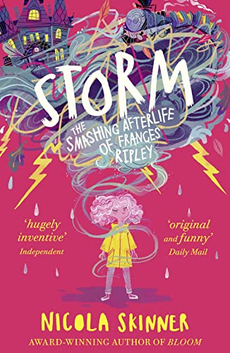 Book cover: "Storm" with a girl in a yellow coat amidst swirling clouds.