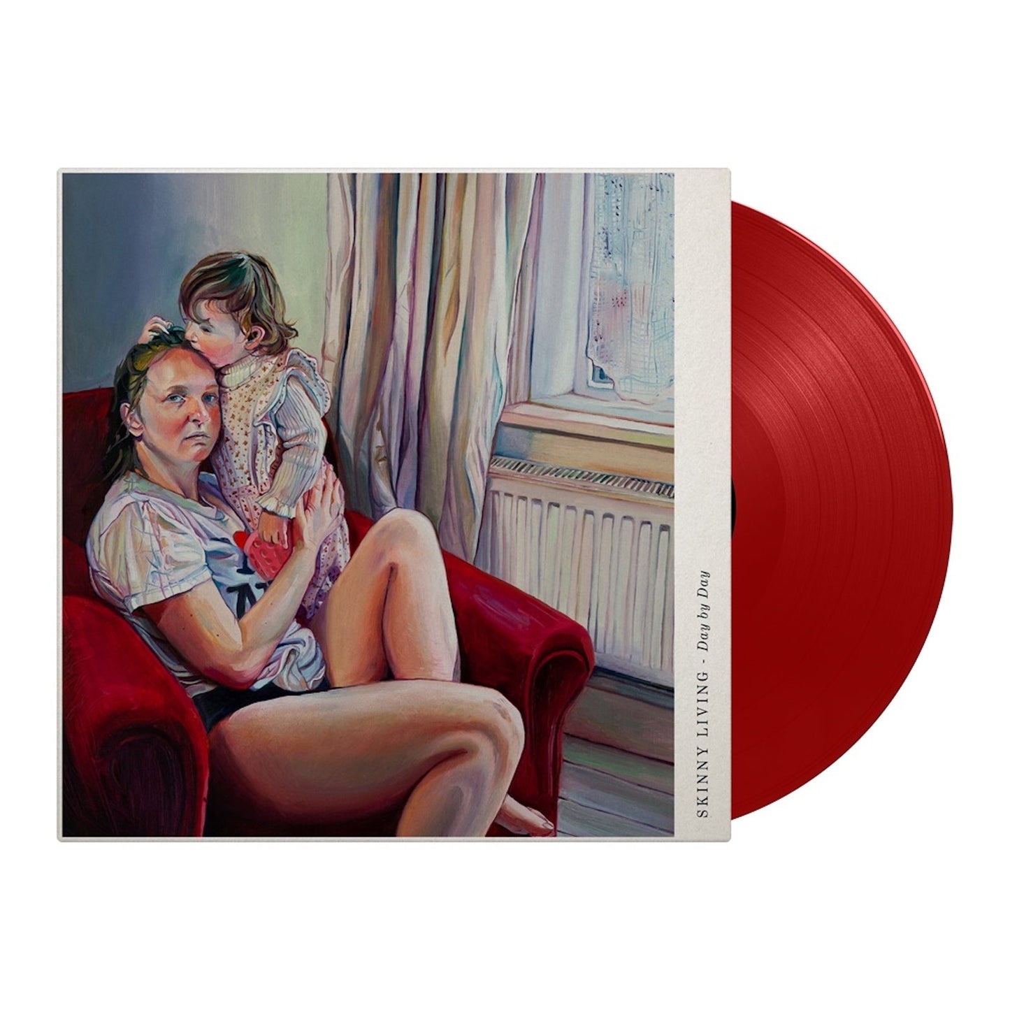 Vinyl record with painted cover depicting a woman seated in a red chair.