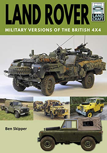 Military Land Rover vehicles in various camouflaged and standard versions on book cover.