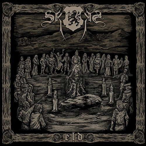 Dark album cover art with medieval illustration of robed figures gathered around a coffin.