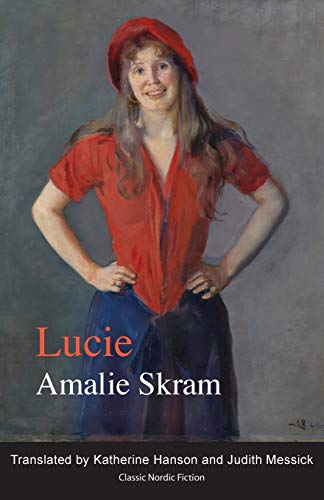 Painted portrait of a woman in red clothing, book cover for "Lucie".