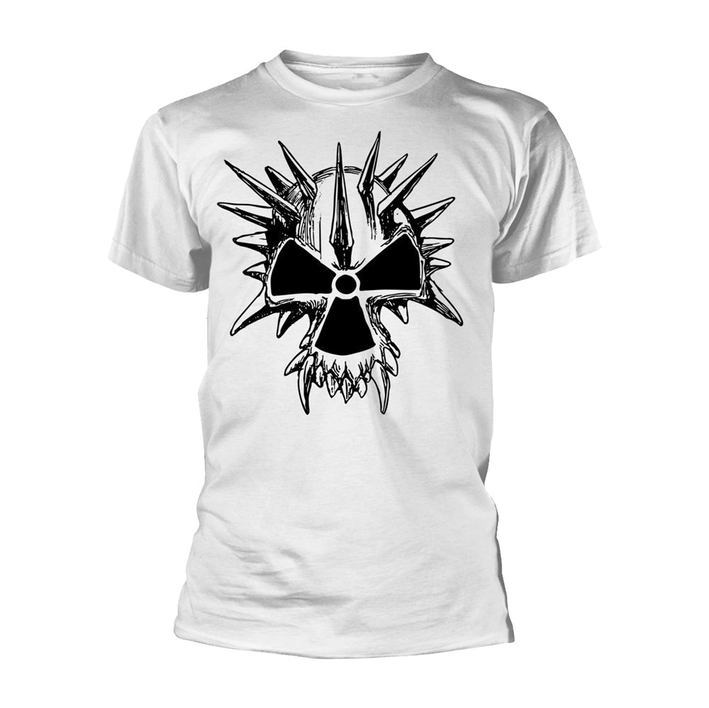 White t-shirt with a black, spiky skull and biohazard symbol design.