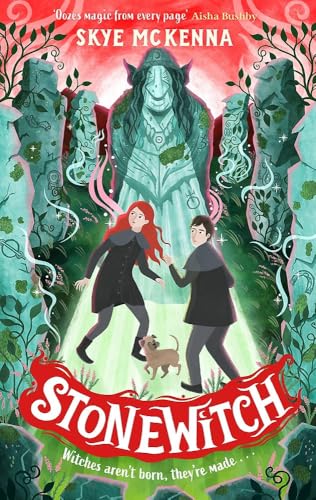 Book cover illustration featuring two children and a small dog before a stone statue.