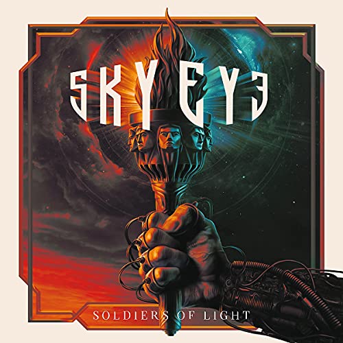 "Album cover art: 'SkyEye' with a hand holding a torch, cosmic background."