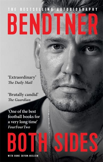 Black and white portrait of footballer Nicklas Bendtner, book cover.