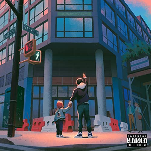 Album cover: man and child stand before a blue building, city street.