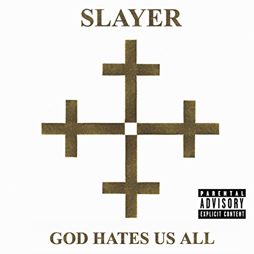 Slayer God Hates Us All album cover with a gold cross on white background.