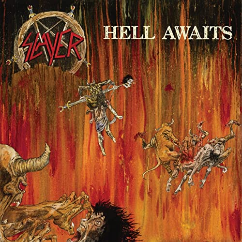 Slayer’s “Hell Awaits” album cover: fiery, chaotic scene with demonic figures.