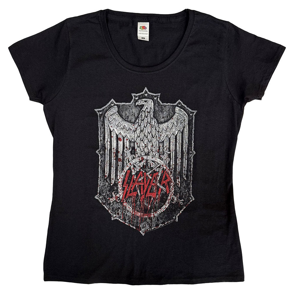 Black t-shirt with a distressed eagle and “Slayer” graphic in red.