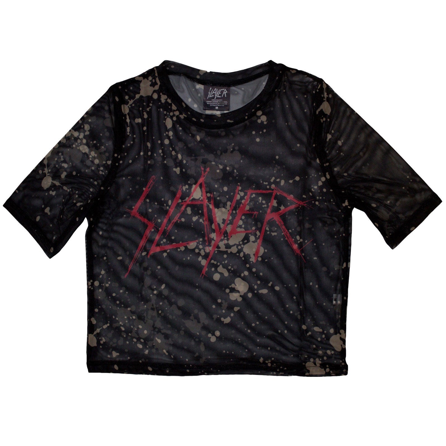 Black mesh crop top with white “Slayer” logo in a distressed style.