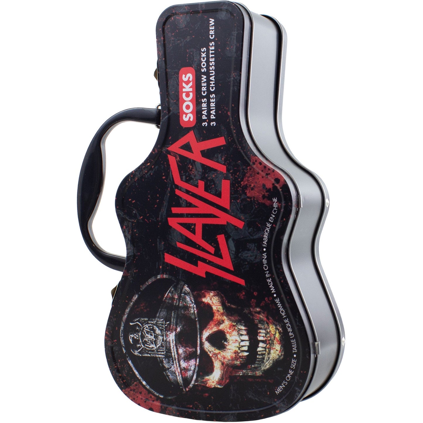Three pairs of black Slayer branded socks displayed next to a guitar-shaped storage tin.