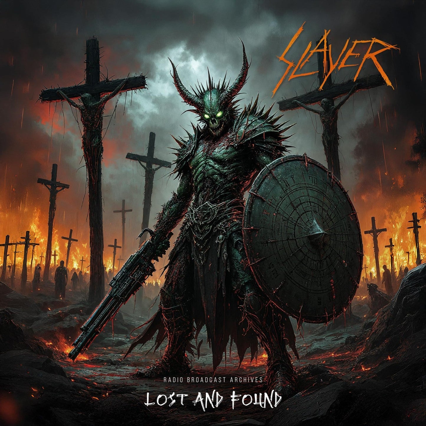 Slayer album cover: demonic figure amidst burning crosses and a fiery landscape.