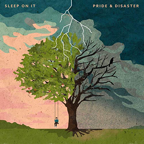 "Album cover art featuring a split tree with a person on a swing."