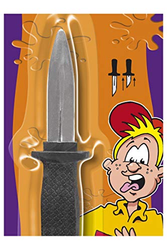 Silver plastic dagger costume accessory with black handle, on packaging.