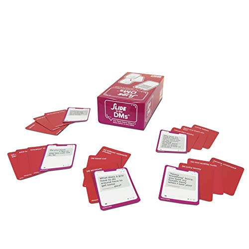 Red card game box and several piles of red and white cards.