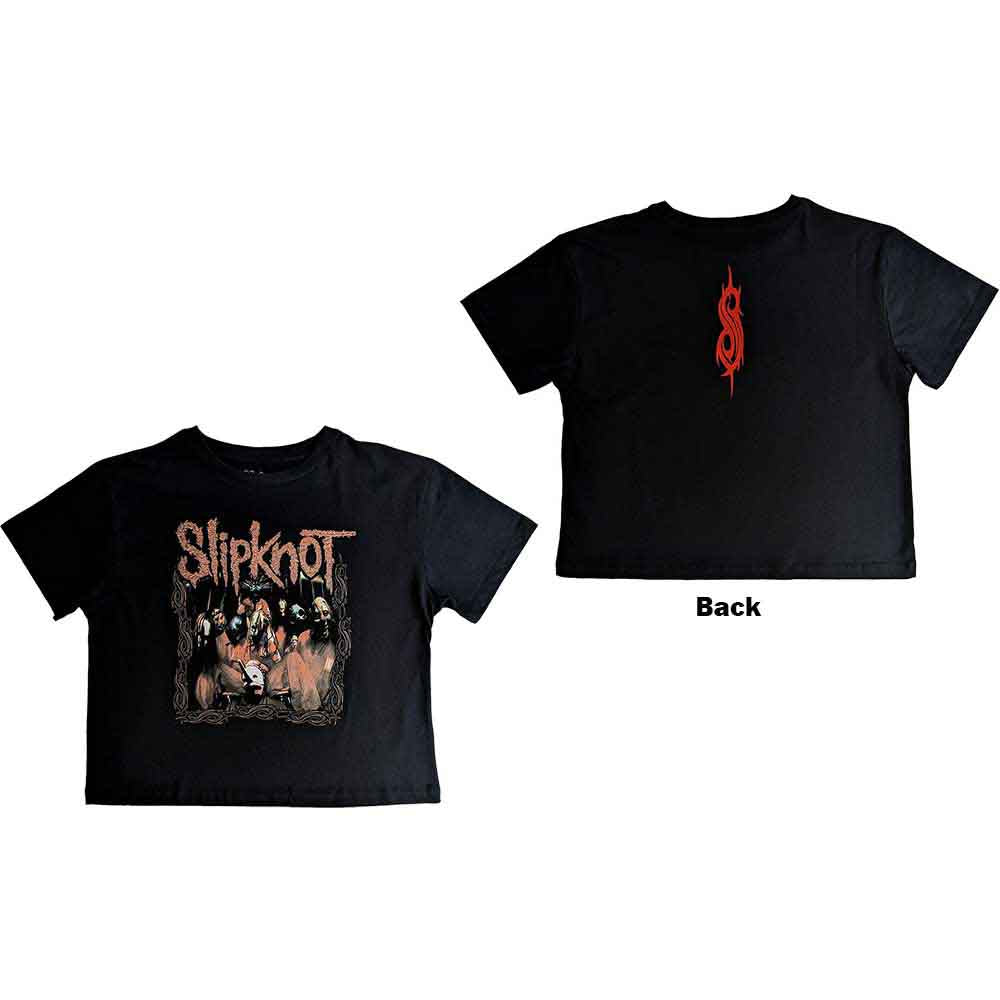 Black crop top featuring a Slipknot band logo and masked members graphic print.