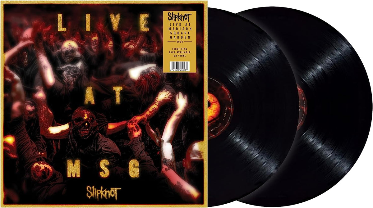 Slipknot "Live At MSG" vinyl record with band image and two black discs.