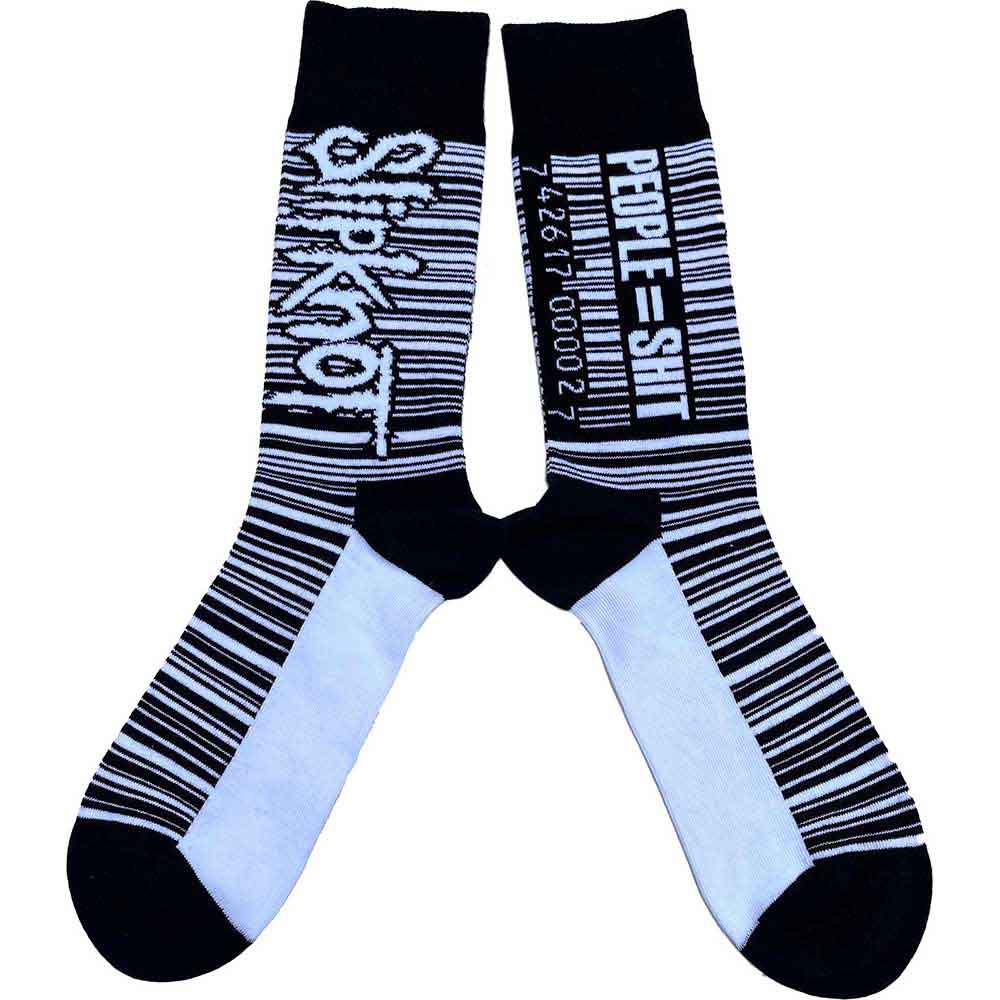 Pair of black and white Slipknot band socks featuring barcode patterns and text.