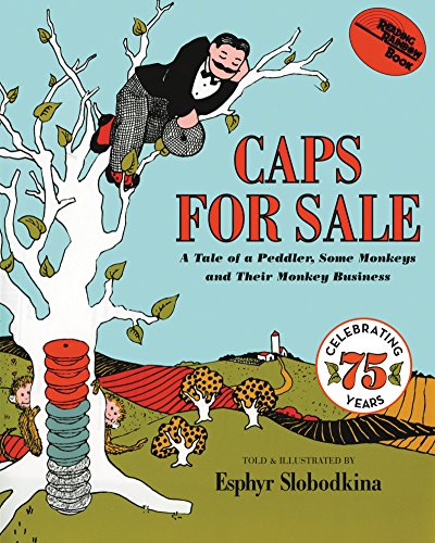 Book cover: a peddler asleep in a tree with monkeys and caps.