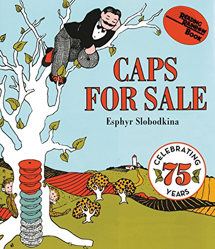 Peddler asleep under tree with monkeys wearing stacked caps.