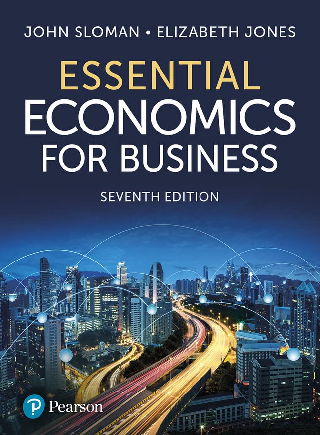 Textbook cover for Essential Economics for Business featuring a city skyline with network lines.