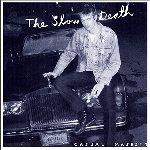 Black and white album cover featuring a man leaning on a car.