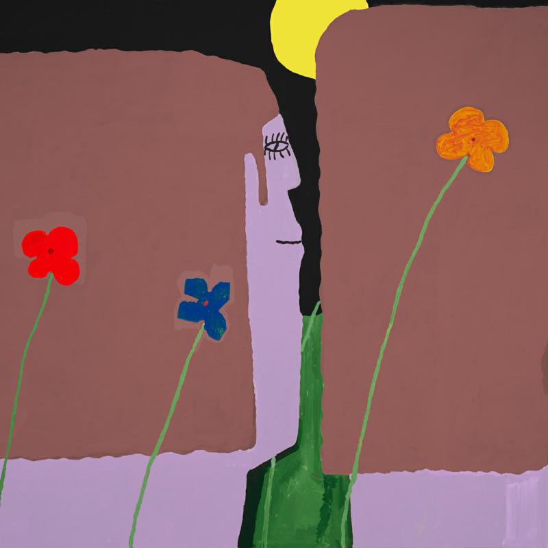 Painted album cover with a face, flowers, and a yellow sun.