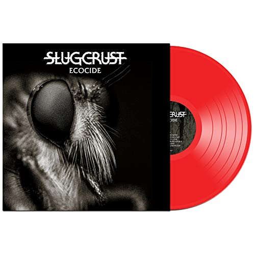 Red vinyl record next to a black and white album cover of an insect.