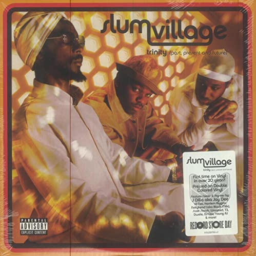 Vinyl album cover for Slum Village Trinity featuring three men against a honeycomb background.