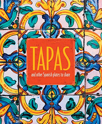 Book cover with the title Tapas over a background of colorful Spanish patterned tiles.