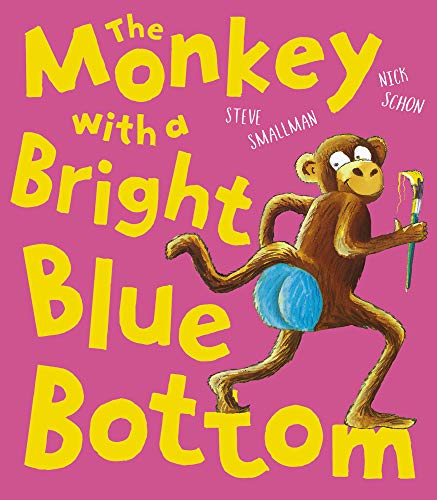 Cartoon monkey with a bright blue bottom, painting with a brush.
